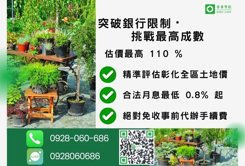 彰化土地借錢額度最高-合庫貸款不看個人信用評分，不動產價值高估最高可達110%。