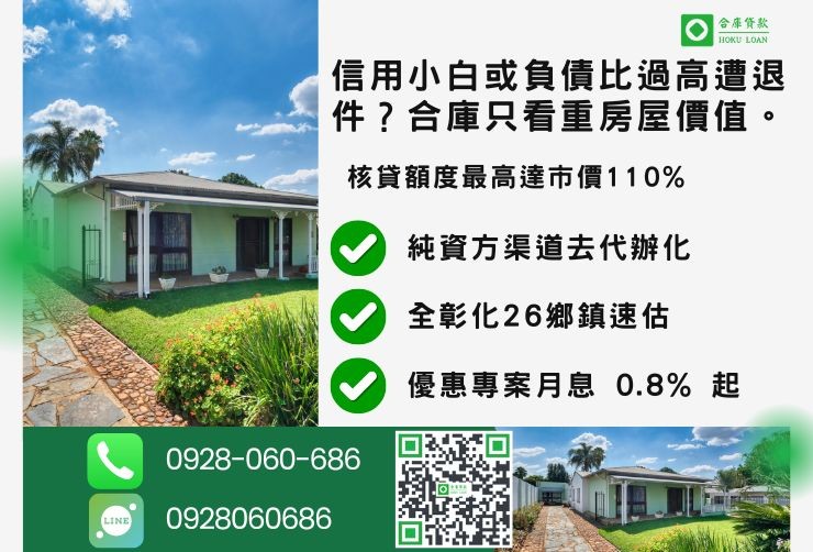 彰化二胎推薦合庫貸款彰化房屋二胎40年房貸增貸免聯徵