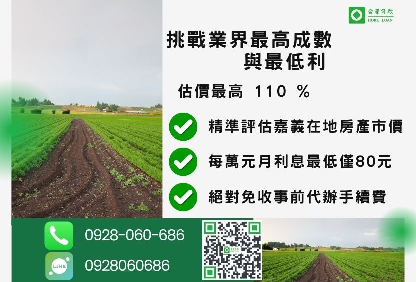 嘉義農地貸款最高成數-合庫貸款不看個人信用評分，土地價值高估最高可達110%。