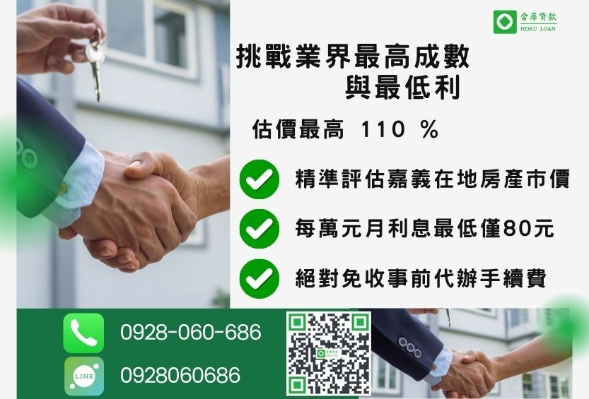 嘉義房屋二胎優勢-合庫貸款不看個人信用評分，房屋價值高估最高可達110%。