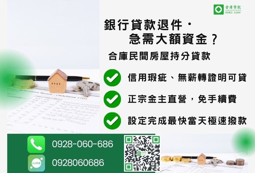 民間房屋持分貸款推薦-合庫貸款金主直營,針對銀行退件屋主提供極速合法民間借款方案。