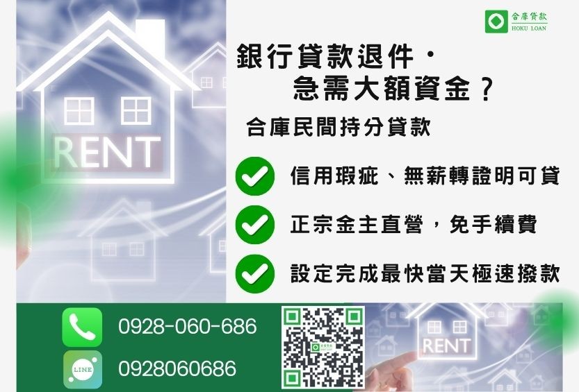 民間房屋持分貸款推薦-合庫貸款金主直營,針對銀行退件屋主提供極速合法民間借款方案。