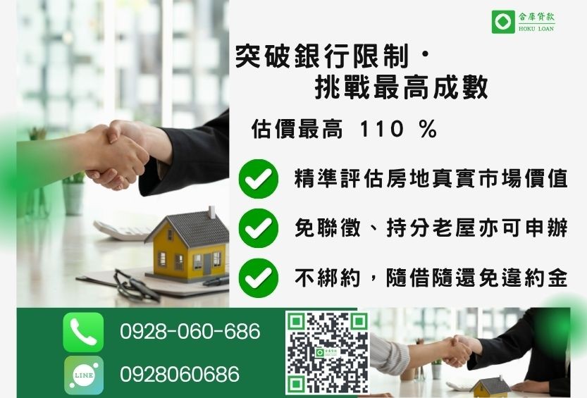 原屋融資成數最高-合庫貸款不看個人信用評分，房屋土地價值高估。