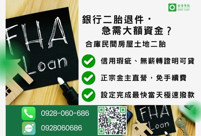 民間房屋土地二胎推薦-合庫貸款金主直營,針對銀行退件屋主提供極速合法民間借款方案。