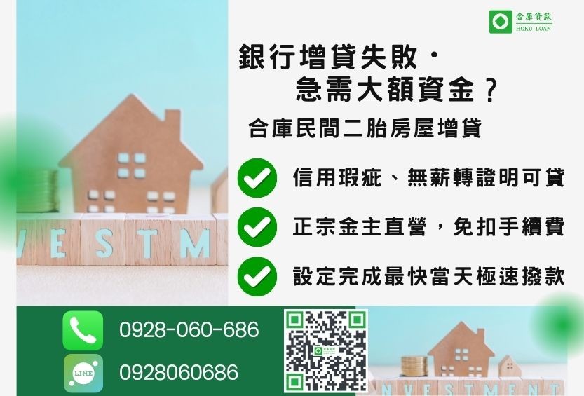 房屋增貸推薦-合庫貸款金主直營，針對銀行退件屋主提供極速合法民間二胎方案。