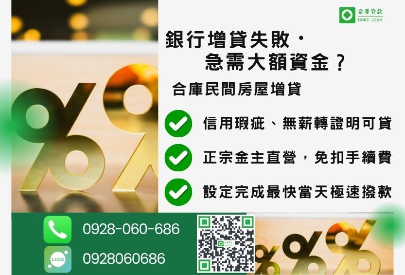 房屋增貸推薦-合庫貸款金主直營,針對銀行退件屋主提供極速合法民間二胎方案。
