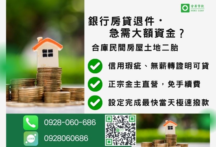 民間房屋土地二胎推薦-合庫貸款金主直營,針對銀行退件屋主提供極速合法民間借款方案。