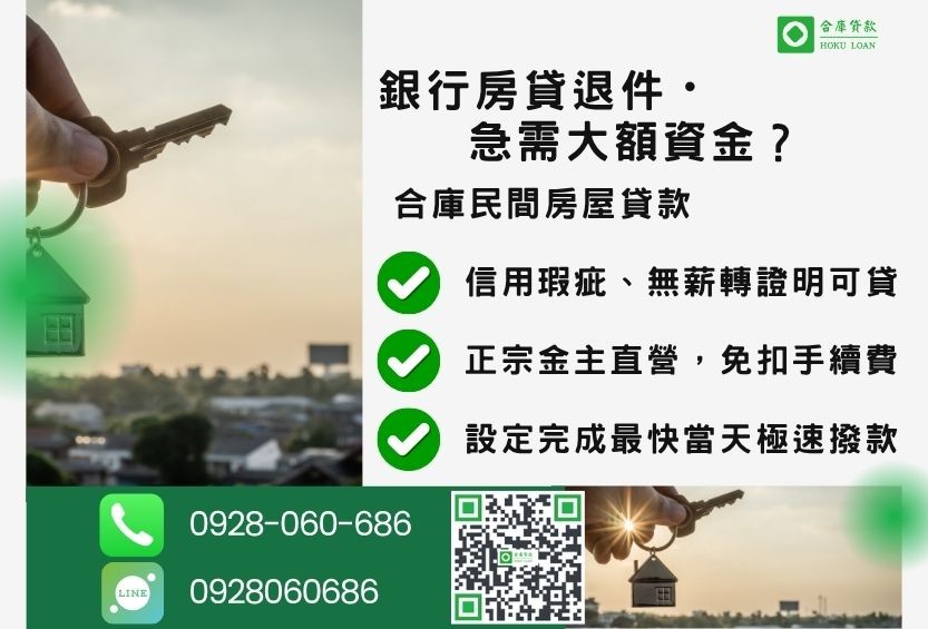 用房子貸款推薦-合庫貸款金主直營,針對銀行退件屋主提供極速民間借款方案。