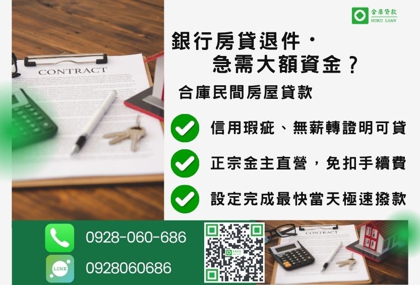 房屋貸款推薦-合庫貸款金主直營,針對銀行退件屋主提供極速合法民間借款方案。