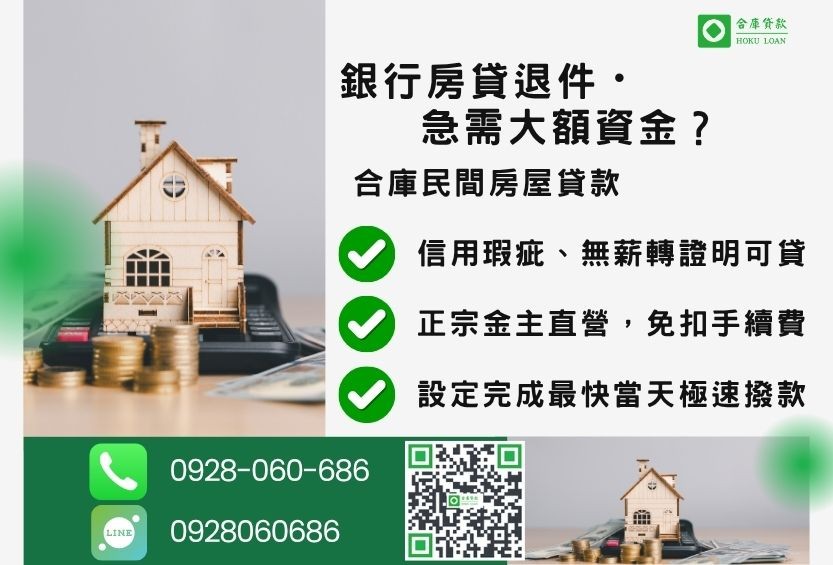 房屋貸款試算推薦-合庫貸款金主直營，針對銀行退件屋主提供極速合法民間借款方案。