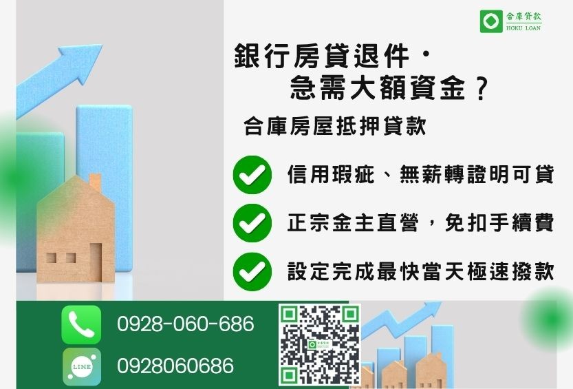 房屋抵押貸款推薦-合庫貸款金主直營，針對銀行退件屋主提供極速合法民間借款方案。
