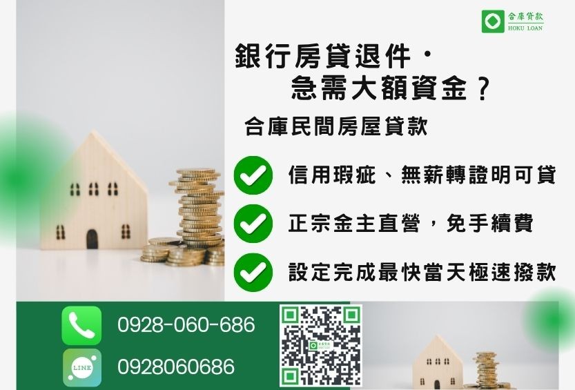 房屋貸款推薦-合庫貸款金主直營，針對銀行退件屋主提供極速合法民間借款方案。