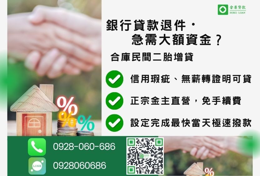 民間二胎增貸推薦-合庫貸款金主直營,針對銀行退件屋主提供極速合法民間借款方案。