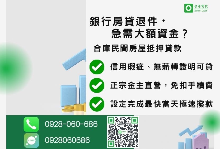 房屋抵押貸款推薦-合庫貸款金主直營，針對銀行退件屋主提供極速合法民間借款方案。