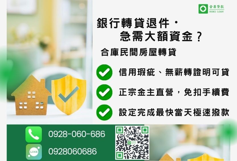 房屋轉貸增貸推薦-合庫貸款金主直營,針對銀行退件屋主提供極速合法民間代償方案。
