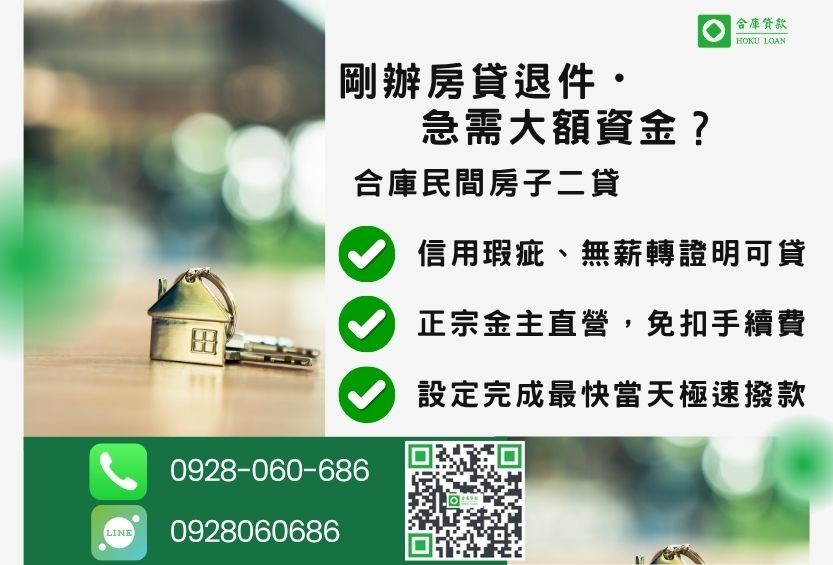 剛辦房貸增貸推薦-合庫貸款金主直營,針對銀行退件屋主提供極速合法民間二胎方案。