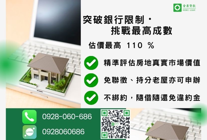 民間房貸成數最高-合庫貸款不看個人信用評分，房屋土地價值高估。