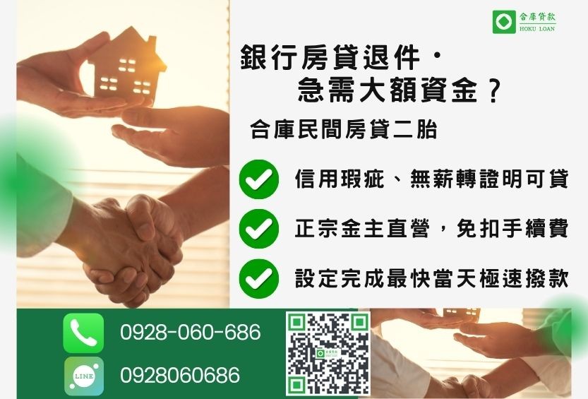 民間房貸二胎推薦-合庫貸款金主直營,針對銀行退件屋主提供極速低利方案。