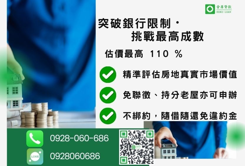 民間二胎成數最高-合庫貸款不看個人信用評分，房屋土地價值高估。