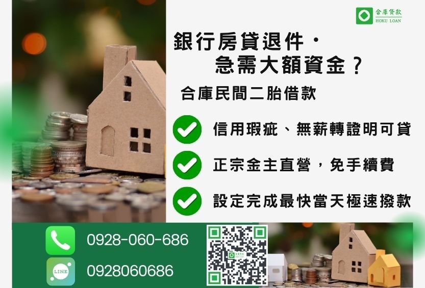 民間二胎借款推薦-合庫貸款金主直營，針對銀行退件屋主提供極速合法民間借款方案。