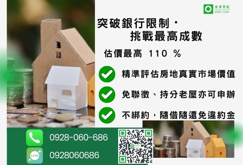 民間二胎借款成數最高-合庫貸款不看個人信用評分，房屋土地價值高估。