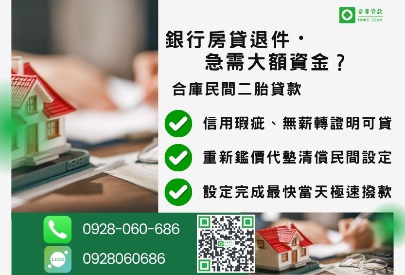 民間二胎貸款推薦-合庫貸款金主直營，針對銀行退件屋主提供極速民間二胎方案。