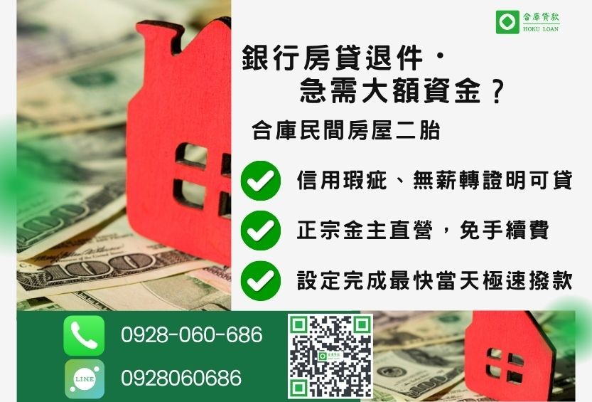 民間房屋二胎推薦-合庫貸款金主直營,針對銀行退件屋主提供極速合法民間借款方案。