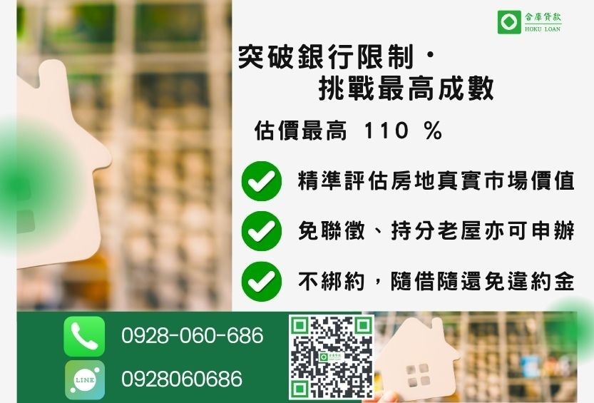 房屋二胎成數最高-合庫貸款不看個人信用評分，房屋土地價值高估。