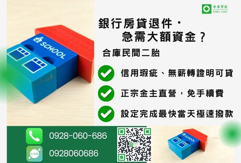 民間二胎推薦-合庫貸款金主直營,針對銀行退件屋主提供極速合法民間借款方案。
