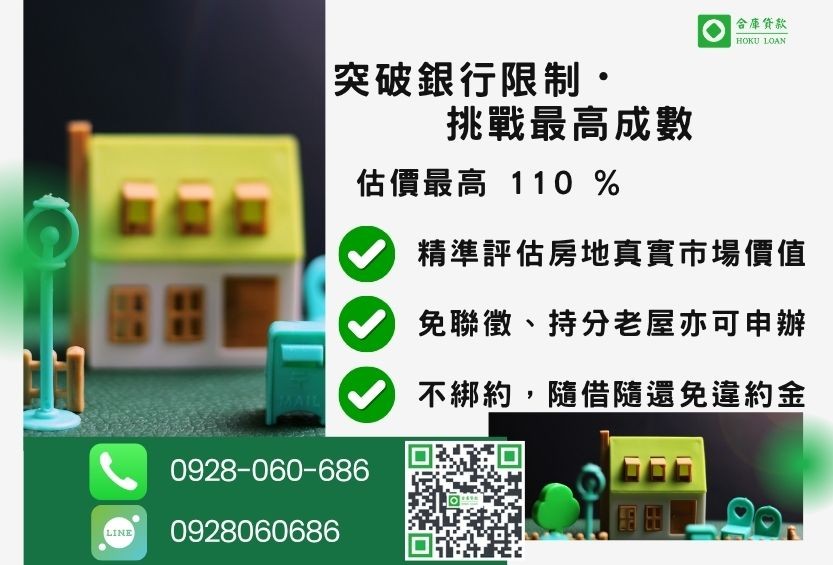 不動產抵押貸款成數最高-合庫貸款不看個人信用評分,房屋土地價值高估。