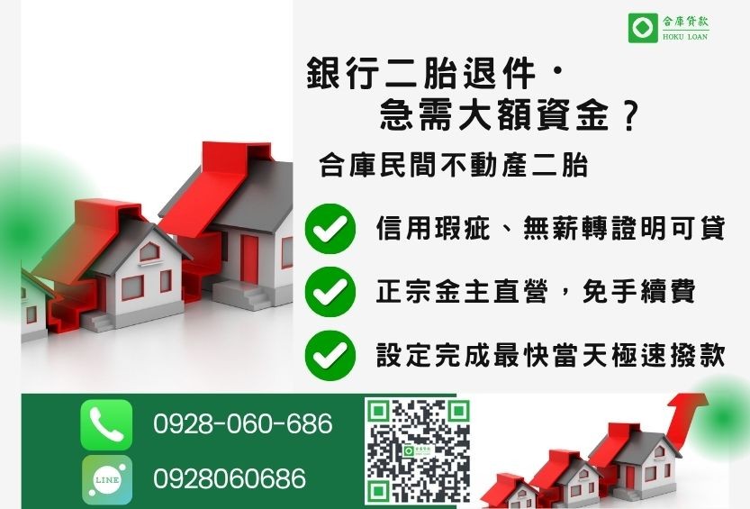 民間不動產二胎推薦-合庫貸款金主直營，針對銀行退件屋主提供極速合法民間借款方案。