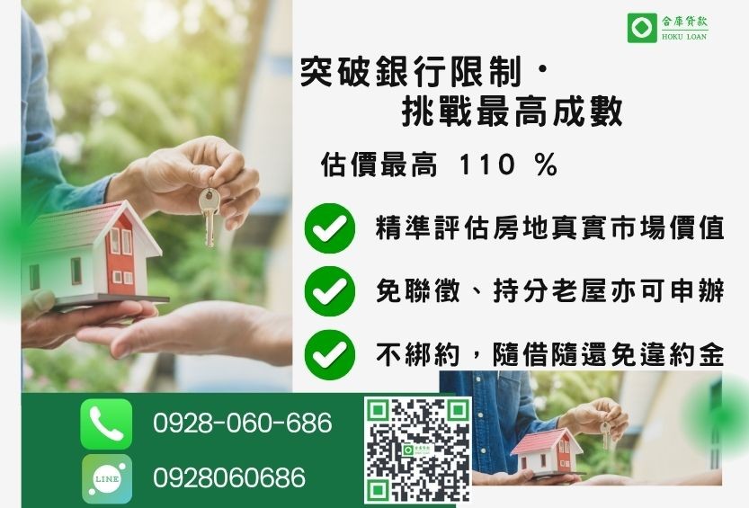 房屋土地二胎成數最高-合庫貸款不看個人信用評分，房屋土地價值高估。