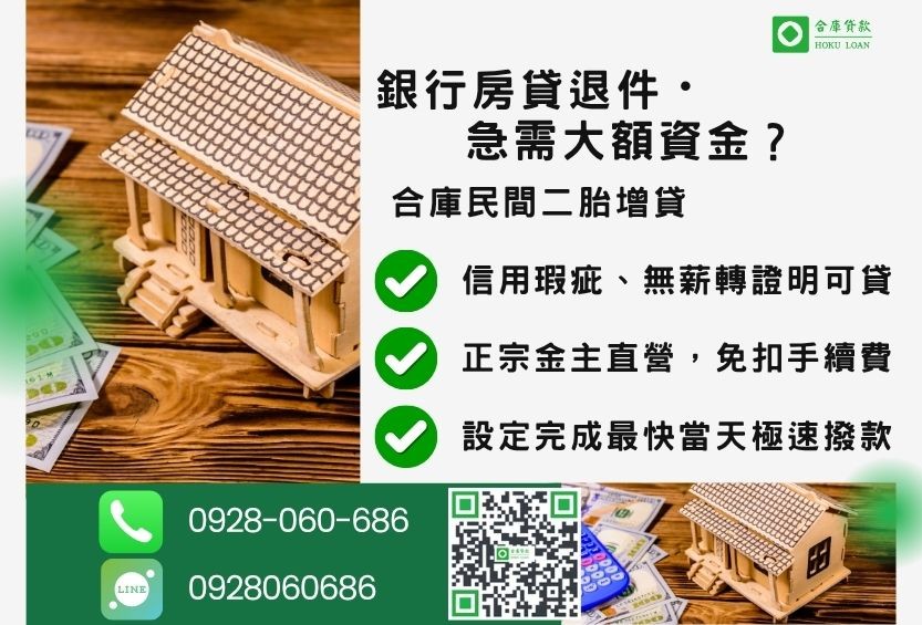 二胎房屋增貸推薦-合庫貸款金主直營,針對銀行退件屋主提供極速合法民間借款方案。