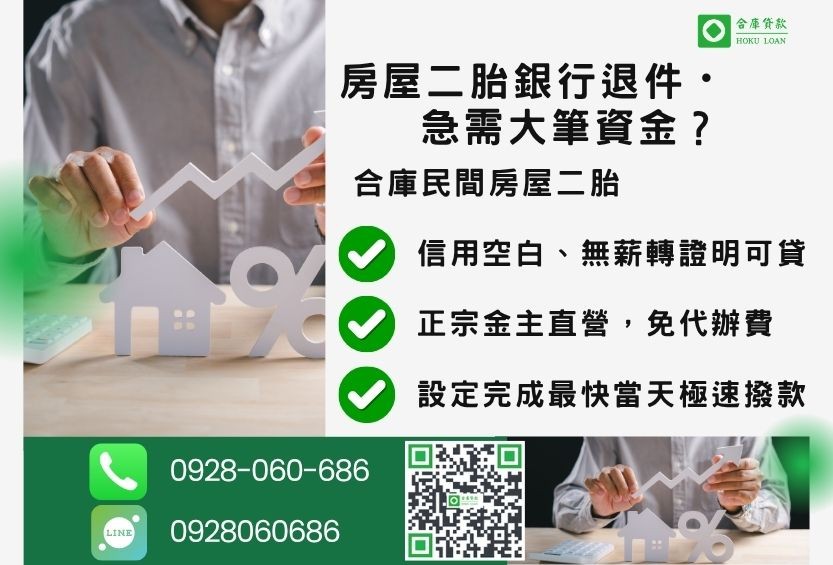 房屋二胎銀行比較推薦-合庫貸款金主直營,針對銀行退件屋主提供極速二胎方案。