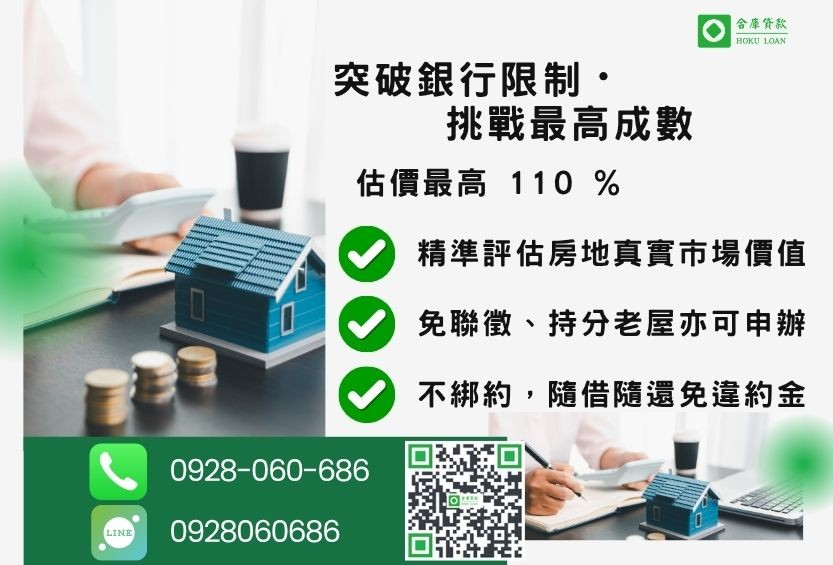 二胎房貸成數最高-合庫貸款不看個人信用評分，房屋土地價值高估。