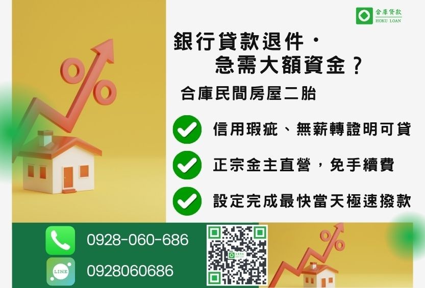 民間房屋二胎推薦-合庫貸款金主直營,針對銀行退件屋主提供極速合法民間借款方案。