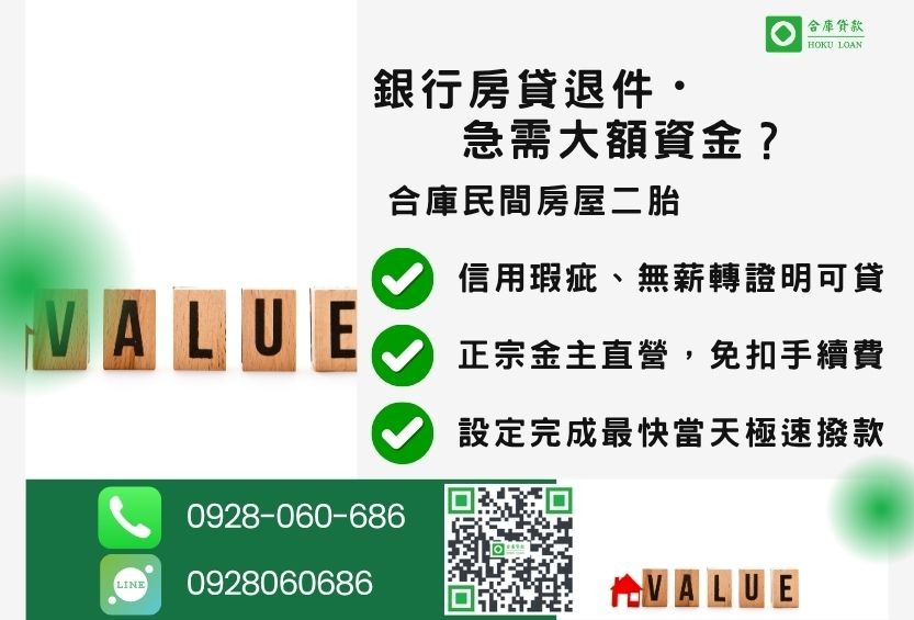 房屋二胎借貸推薦-合庫貸款金主直營,針對銀行退件屋主提供極速合法民間借款方案。