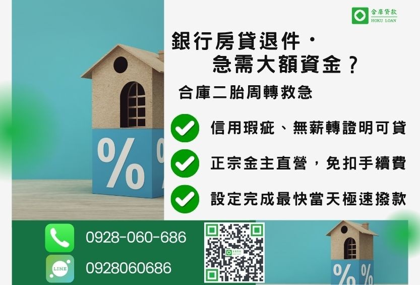 二胎周轉推薦-合庫貸款金主直營,針對銀行退件屋主提供極速二胎方案。