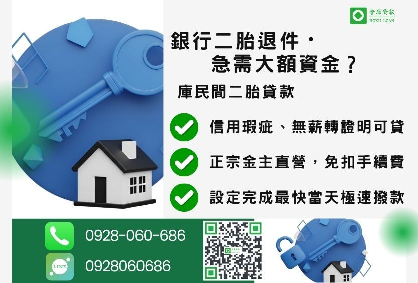 民間二胎貸款推薦-合庫貸款金主直營,針對銀行退件屋主提供極速合法民間借款方案。