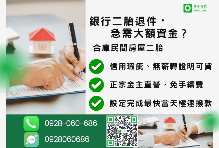 民間房屋二胎推薦-合庫貸款金主直營，針對銀行退件屋主提供極速合法民間借款方案。