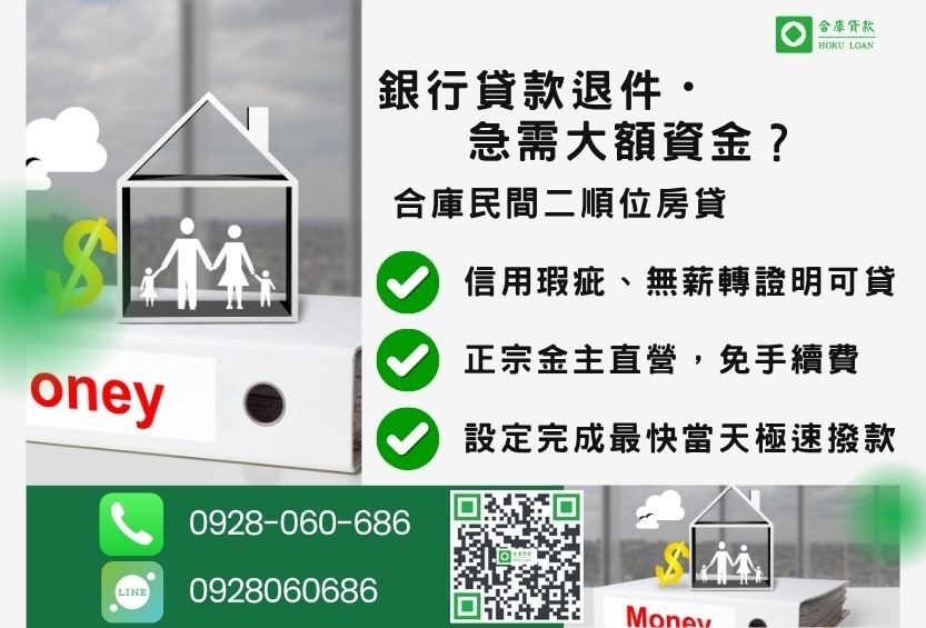 民間二順位房貸推薦-合庫貸款金主直營,針對銀行退件屋主提供極速合法民間借款方案。