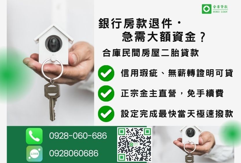 民間房屋二胎貸款推薦-合庫貸款金主直營，針對銀行退件屋主提供極速合法民間借款方案。