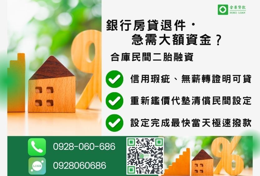 二胎融資推薦-合庫貸款金主直營,針對銀行退件屋主提供極速二胎貸款方案。