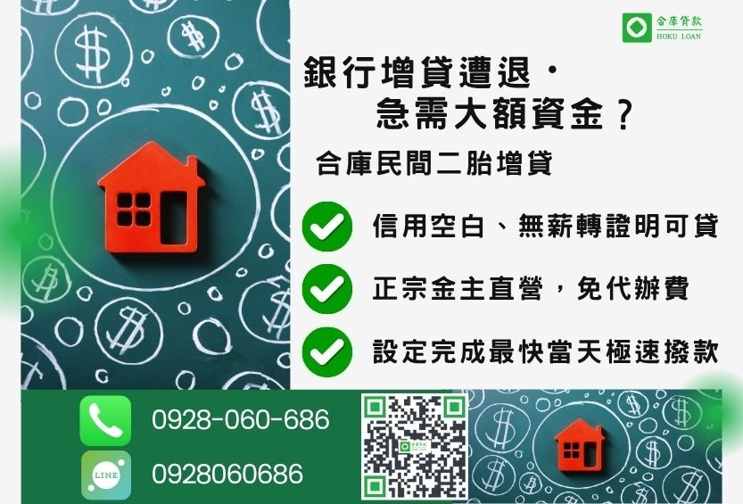 二胎增貸推薦-合庫貸款金主直營,針對銀行退件屋主提供極速二胎方案。