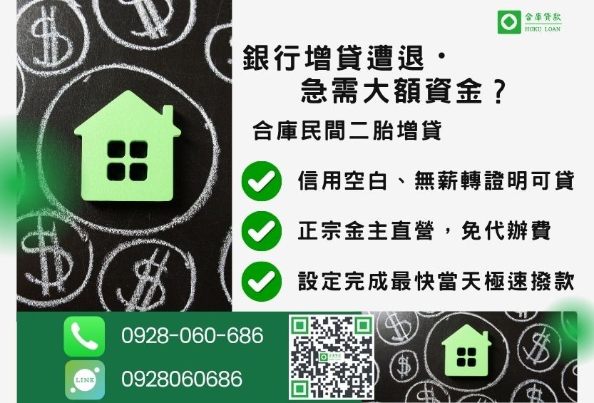 二胎增貸推薦-合庫貸款金主直營，針對銀行退件屋主提供極速二胎方案。