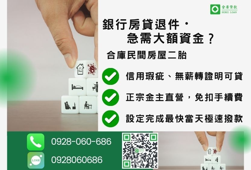 房屋二胎推薦-合庫貸款金主直營,針對銀行退件屋主提供極速民間借款方案。
