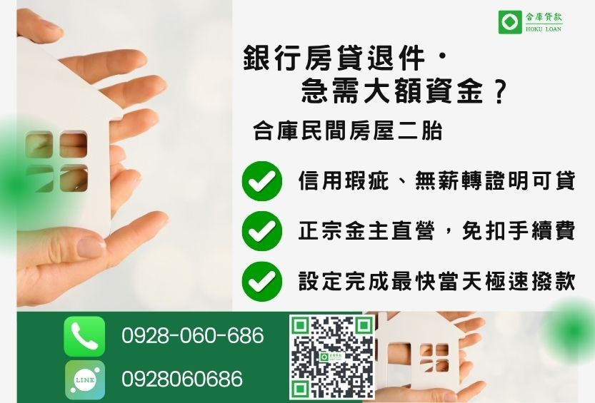 房屋二胎利率推薦-合庫貸款金主直營,針對銀行退件屋主提供極速低利方案。
