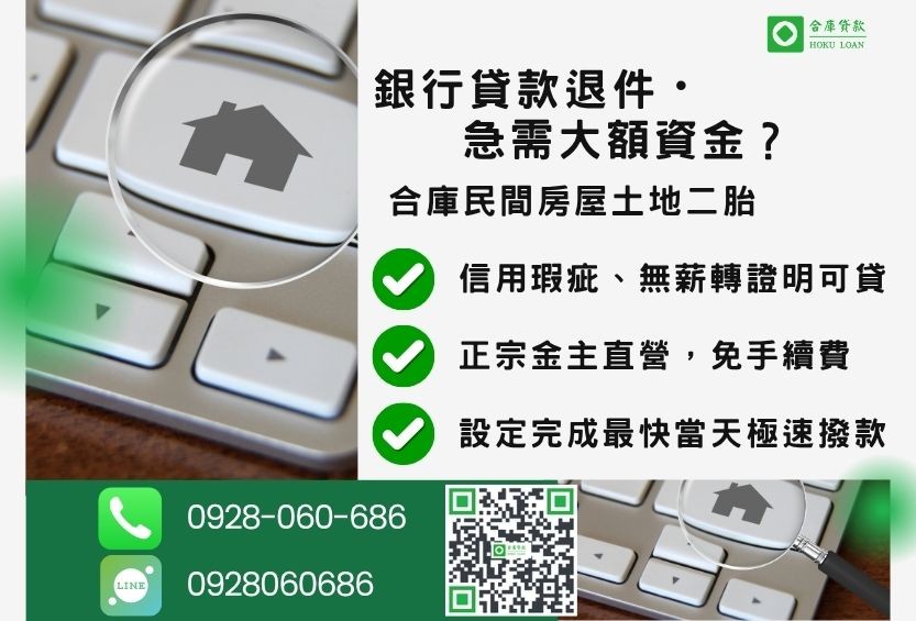 民間房屋土地二胎推薦-合庫貸款金主直營,針對銀行退件屋主提供極速合法民間借款方案。