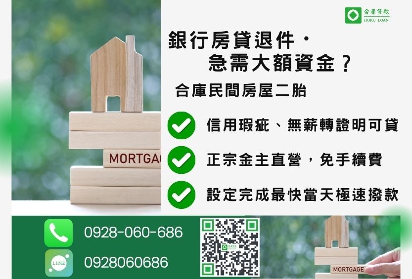 民間房屋二胎貸款推薦-合庫貸款金主直營,針對銀行退件屋主提供極速合法民間借款方案。
