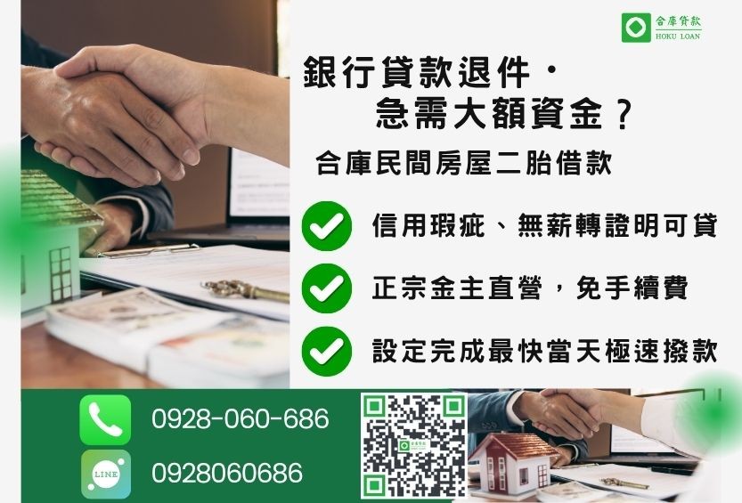 民間房屋二胎借款推薦-合庫貸款金主直營，針對銀行退件屋主提供極速合法民間借款方案。